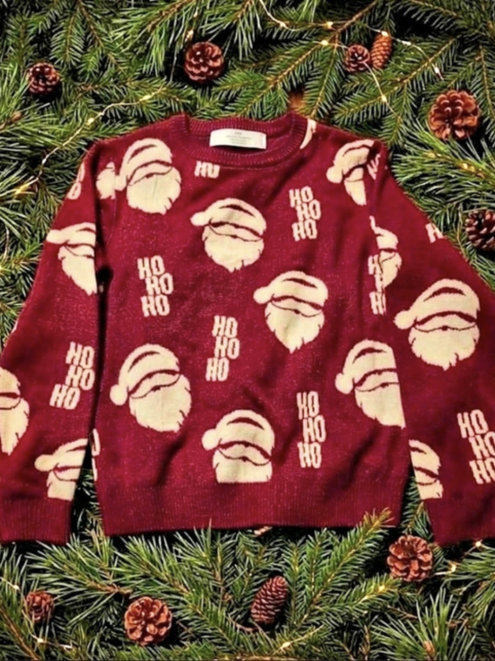 Santa Print Crewneck Sweater in Burgundy Size 12/14